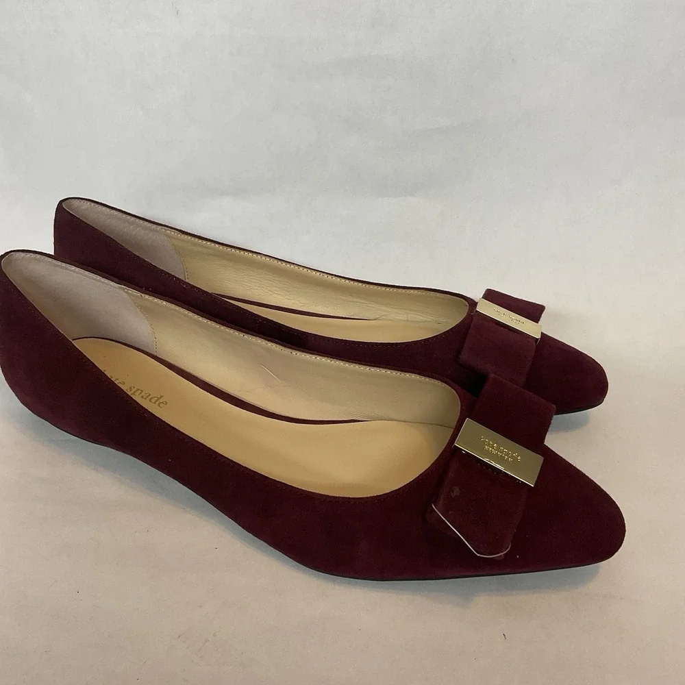 Kate Spade new york Burgundy Velvet Ballet Flats Size 10 Bow Logo Accent Women's